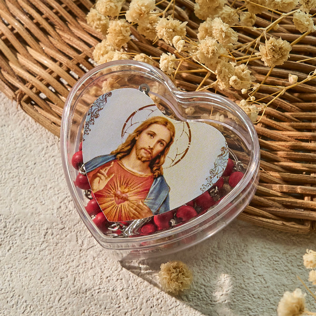 Christianartworkshop Rosenkranz mit weinroten Perlen, Heiliges Herz Jesu, mit herzförmiger Schachtel - image 3