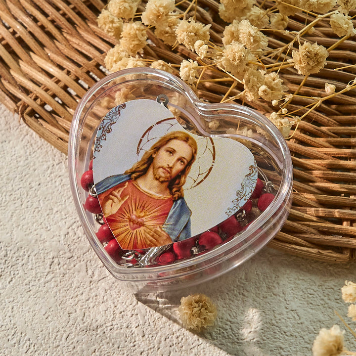Christianartworkshop Rosenkranz mit weinroten Perlen, Heiliges Herz Jesu, mit herzförmiger Schachtel - image 3