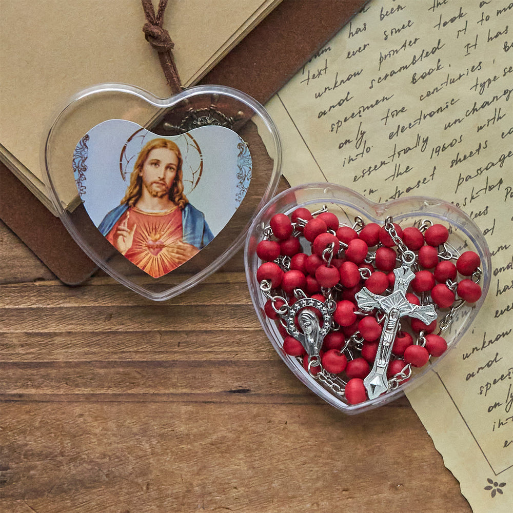 Christianartworkshop Rosenkranz mit weinroten Perlen, Heiliges Herz Jesu, mit herzförmiger Schachtel - image 2