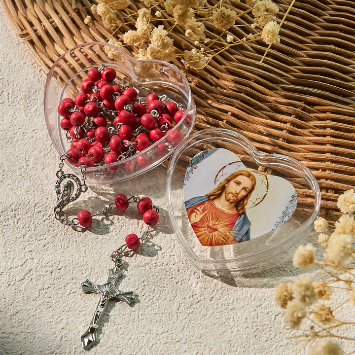 Christianartworkshop Rosenkranz mit weinroten Perlen, Heiliges Herz Jesu, mit herzförmiger Schachtel - Jesus und Kruzifix - image 1