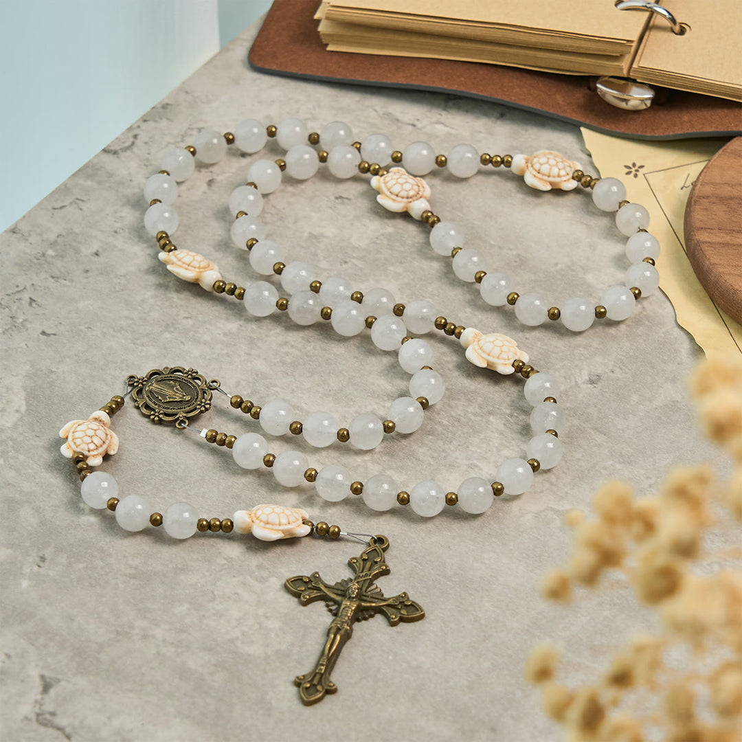Christianartworkshop Serene Weißquarz und Heilige Schildkröte Gebetsrosenkranz mit Wundertätiger Medaille - Gebetsrosenkranz mit Schildkrötenmotiv - image 1