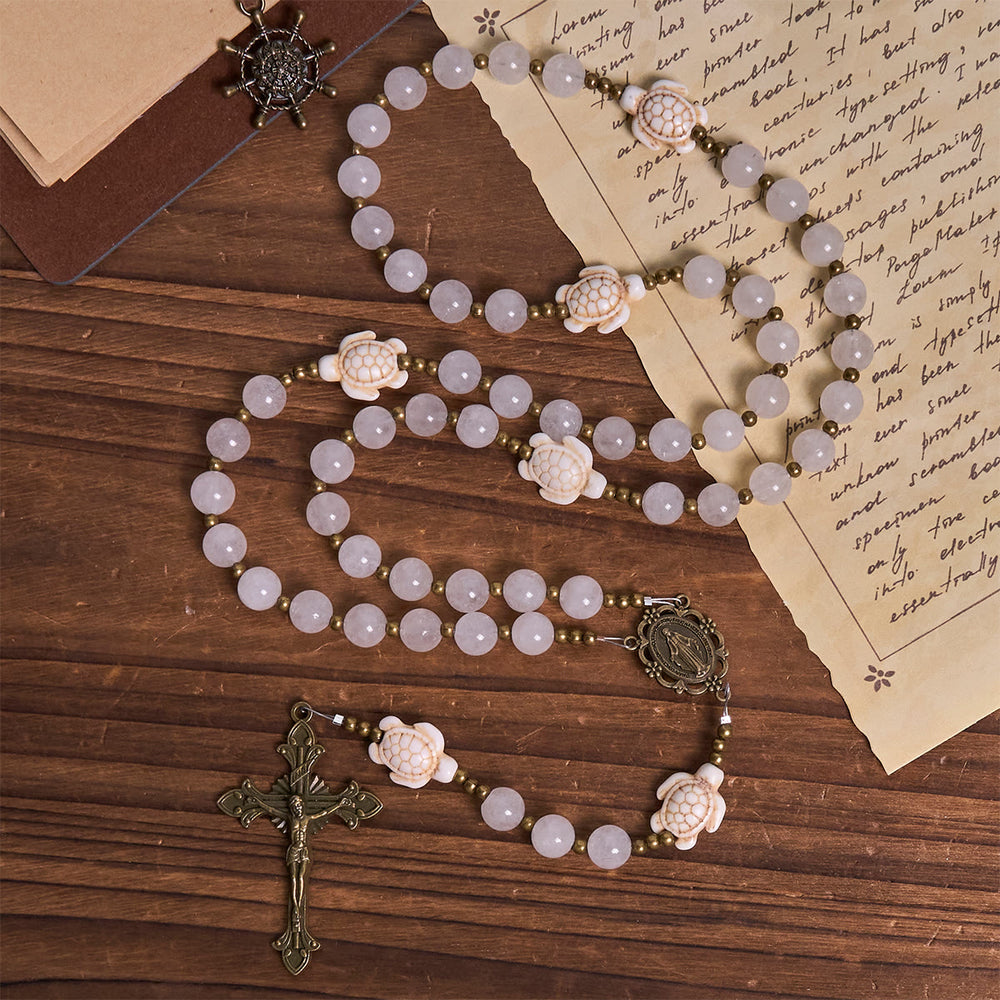 Christianartworkshop Serene Weißquarz und Heilige Schildkröte Gebetsrosenkranz mit Wundertätiger Medaille - image 2