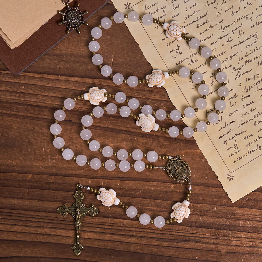 Christianartworkshop Serene Weißquarz und Heilige Schildkröte Gebetsrosenkranz mit Wundertätiger Medaille - image 2
