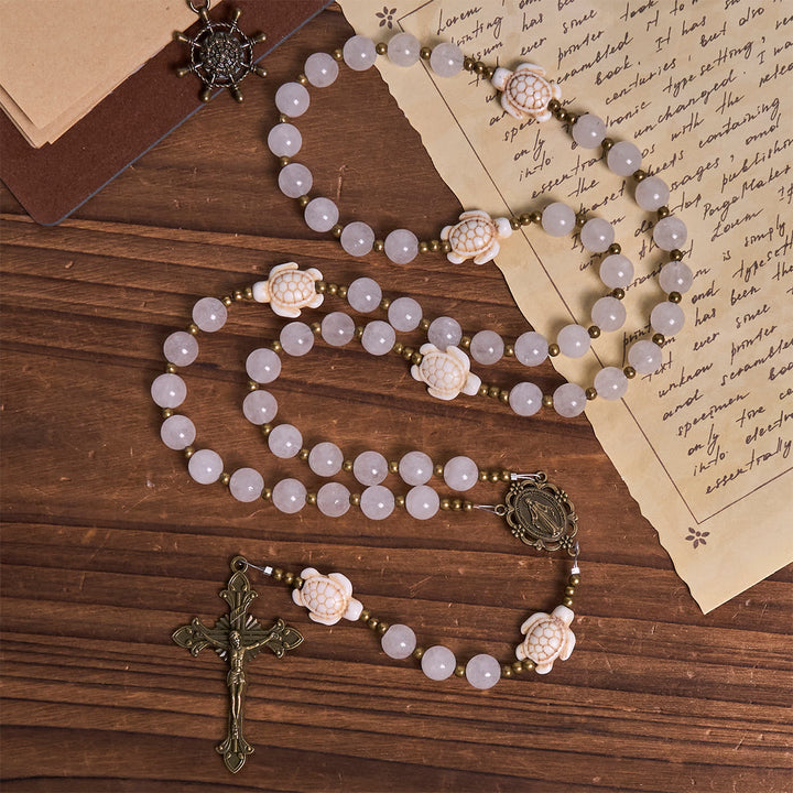 Christianartworkshop Serene Weißquarz und Heilige Schildkröte Gebetsrosenkranz mit Wundertätiger Medaille - image 2