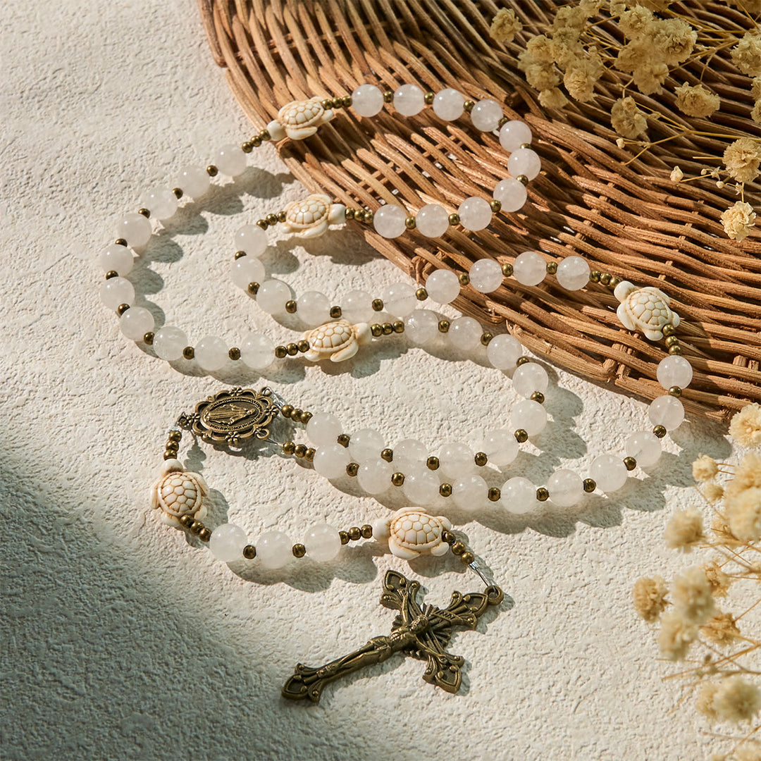 Christianartworkshop Serene Weißquarz und Heilige Schildkröte Gebetsrosenkranz mit Wundertätiger Medaille - image 4