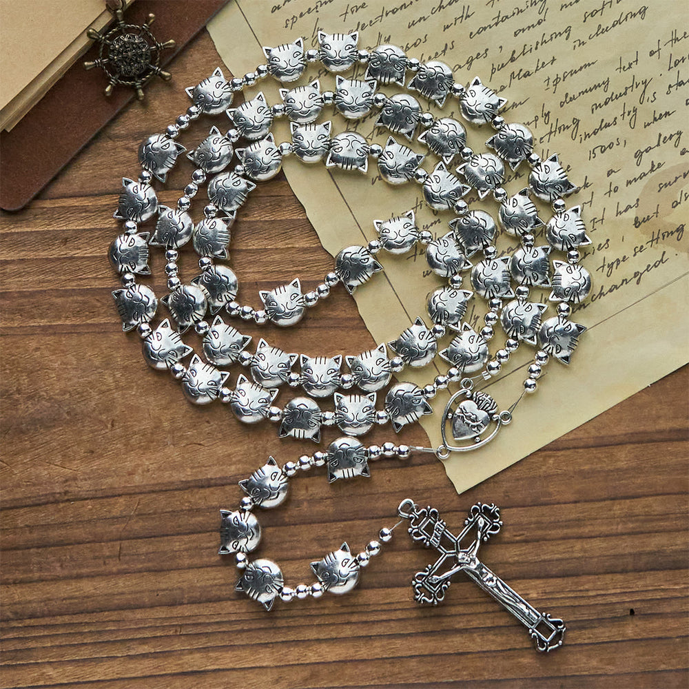 Christianartworkshop Einzigartiger Rosenkranz aus Edelstahl mit getigertem Katzengesicht und Herz-Jesu-Mittelstück - image 2