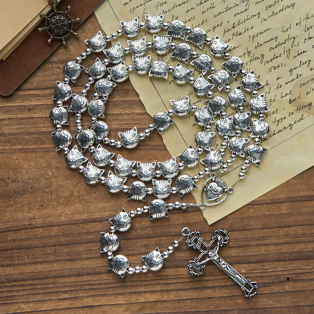 Christianartworkshop Einzigartiger Rosenkranz aus Edelstahl mit getigertem Katzengesicht und Herz-Jesu-Mittelstück - image 2