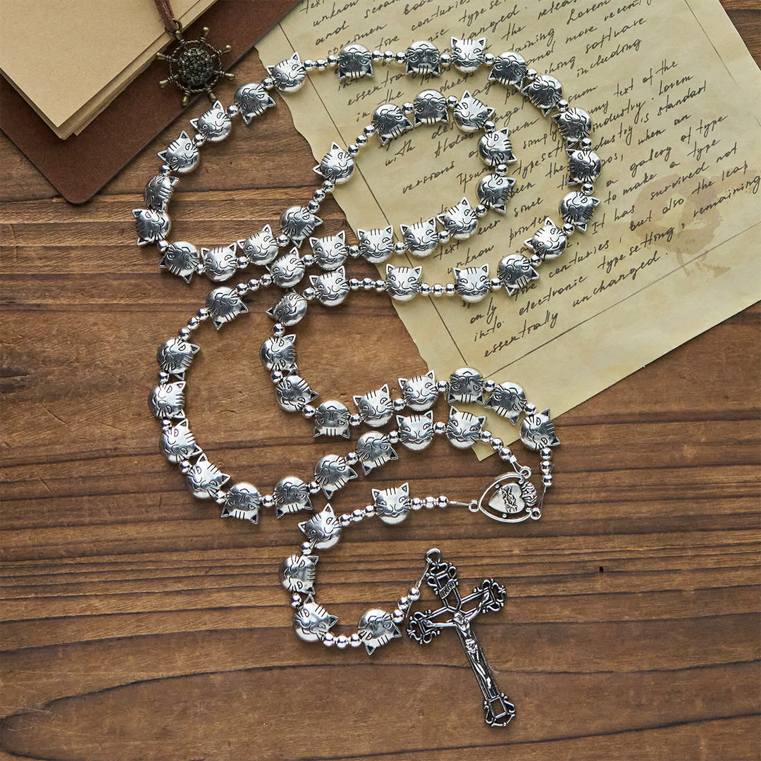 Christianartworkshop Einzigartiger Rosenkranz aus Edelstahl mit getigertem Katzengesicht und Herz-Jesu-Mittelstück - image 3