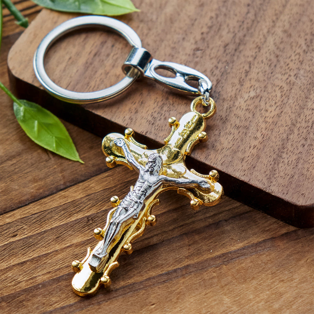 Christianartworkshop Schlüsselanhänger mit Kruzifix aus Zinn, goldfarben und antik, mit Perlenrand-Design - Golden - image 2