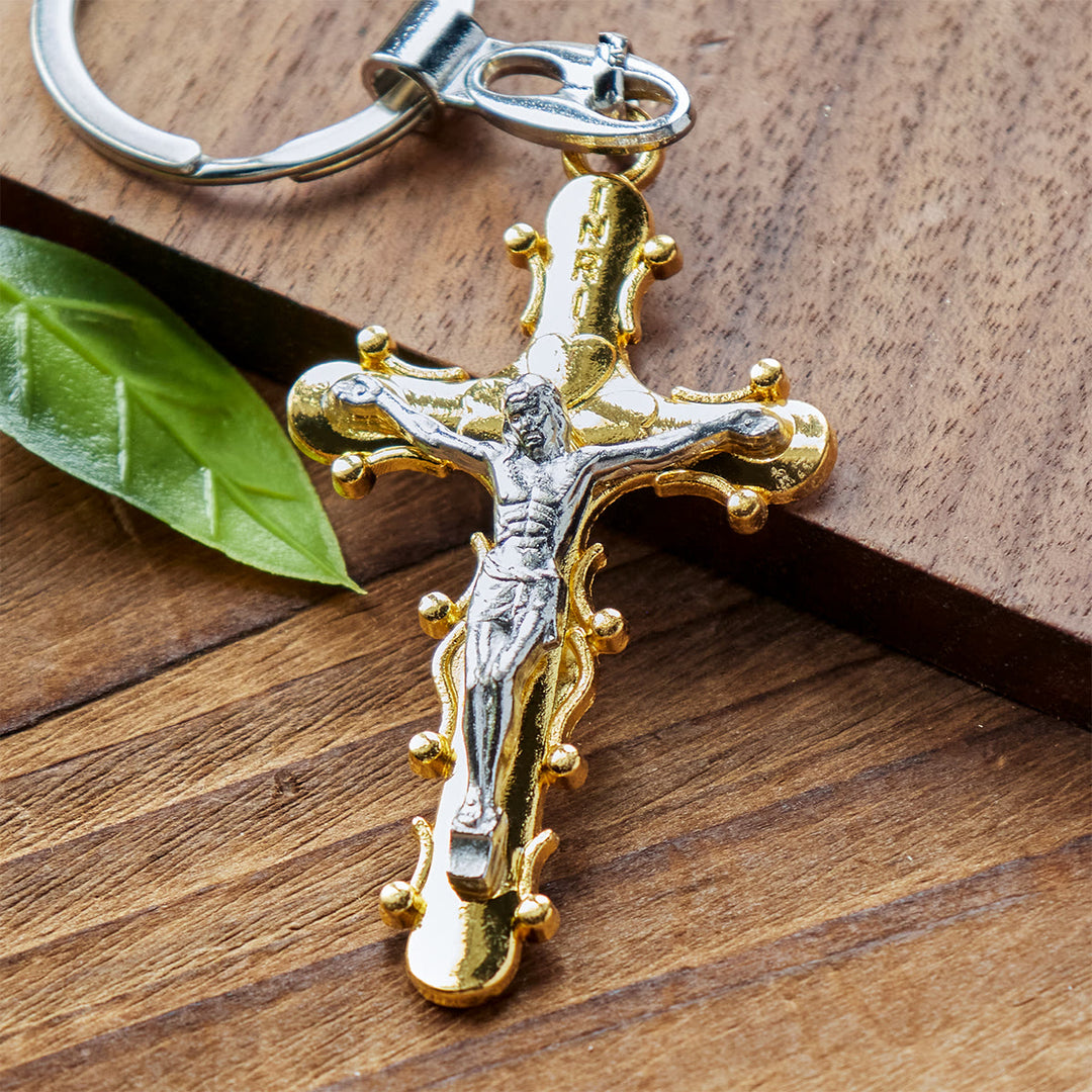 Christianartworkshop Schlüsselanhänger mit Kruzifix aus Zinn, goldfarben und antik, mit Perlenrand-Design - image 5