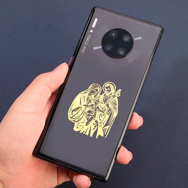 Christianartworkshop Goldener Heiligenaufkleber fürs Telefon: Mehrere Heilige Figuren verfügbar - Heilige Familie - image 1