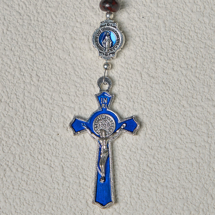 Christianartworkshop Handgefertigter dunkelbrauner Rosenkranz mit blauen Emaille-Medaillen und Kruzifix Unserer Lieben Frau - image 7