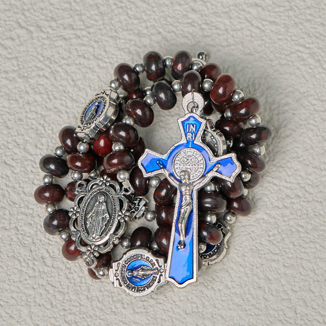 Christianartworkshop Handgefertigter dunkelbrauner Rosenkranz mit blauen Emaille-Medaillen und Kruzifix Unserer Lieben Frau - image 6