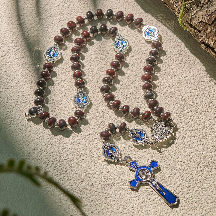 Christianartworkshop Handgefertigter dunkelbrauner Rosenkranz mit blauen Emaille-Medaillen und Kruzifix Unserer Lieben Frau - image 4