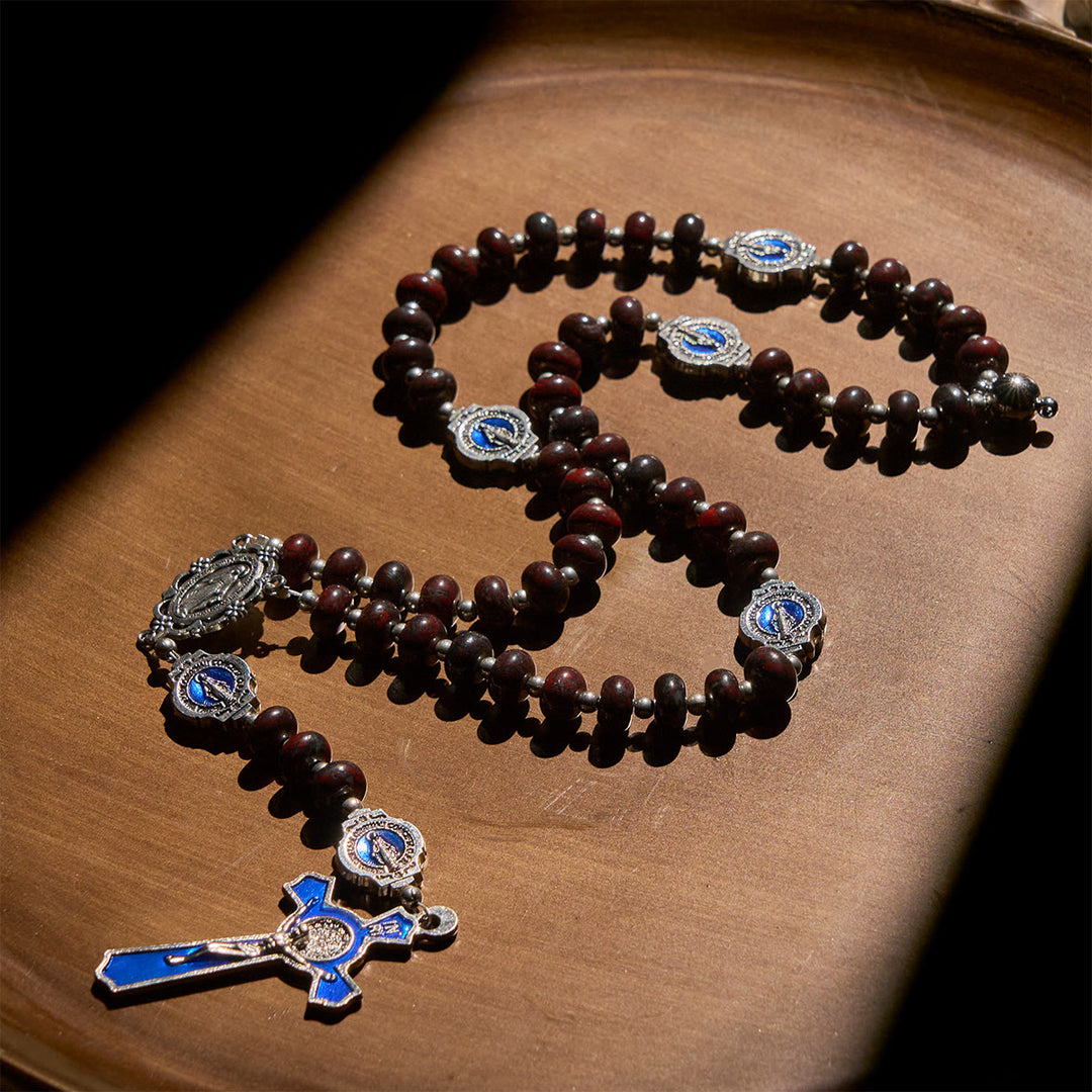 Christianartworkshop Handgefertigter dunkelbrauner Rosenkranz mit blauen Emaille-Medaillen und Kruzifix Unserer Lieben Frau - image 3