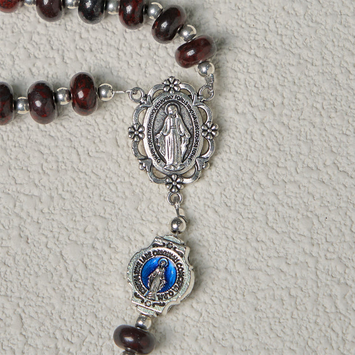 Christianartworkshop Handgefertigter dunkelbrauner Rosenkranz mit blauen Emaille-Medaillen und Kruzifix Unserer Lieben Frau - image 8