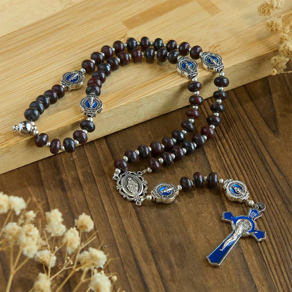 Christianartworkshop Handgefertigter dunkelbrauner Rosenkranz mit blauen Emaille-Medaillen und Kruzifix Unserer Lieben Frau - image 2