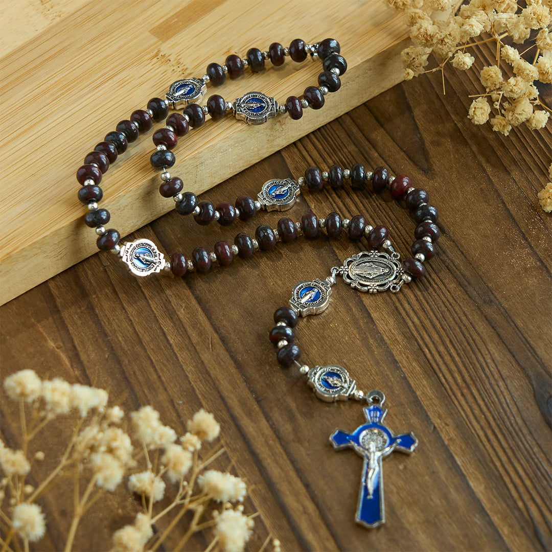 Christianartworkshop Handgefertigter dunkelbrauner Rosenkranz mit blauen Emaille-Medaillen und Kruzifix Unserer Lieben Frau - Jungfrau Maria & Kruzifix - image 1
