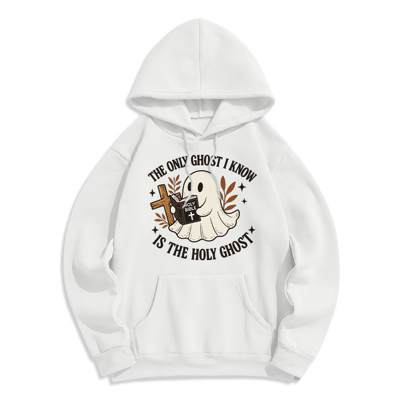 Christianartworkshop Ghost-Free Except the Holy One Fleece-gefütterter Polyester-Kapuzenpullover - Weiß - 2XL - image 3