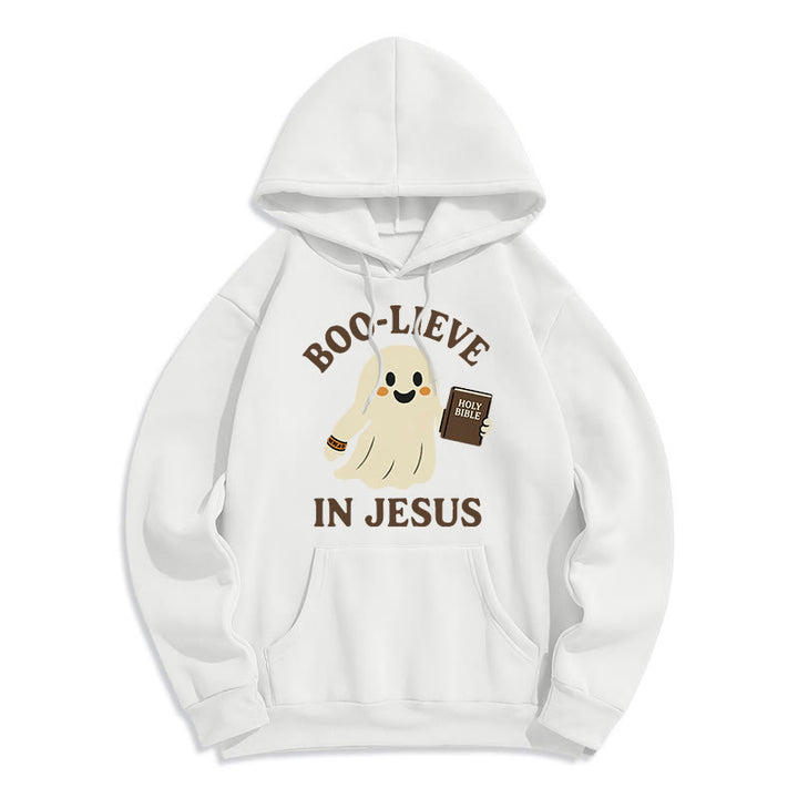 Christianartworkshop Boo-Lieve in Jesus Faith Over Fear Fleece-gefütterter Polyester-Kapuzenpullover - Weiß - 2XL - image 6