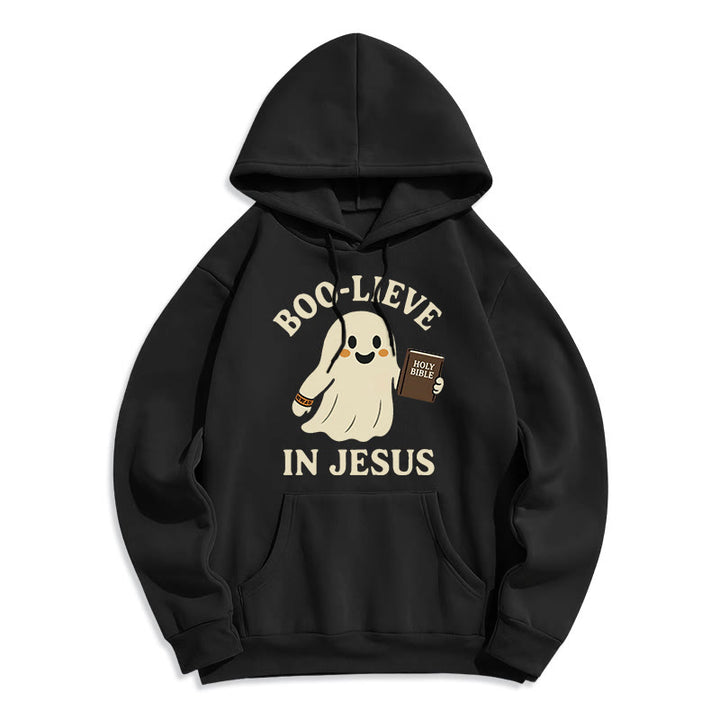 Christianartworkshop Boo-Lieve in Jesus Faith Over Fear Fleece-gefütterter Polyester-Kapuzenpullover - Schwarz - 2XL - image 4