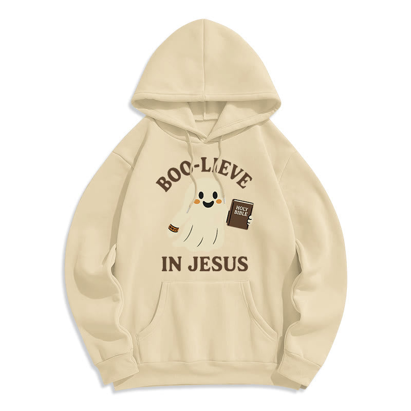 Christianartworkshop Boo-Lieve in Jesus Faith Over Fear Fleece-gefütterter Polyester-Kapuzenpullover - Beige - 2XL - image 9