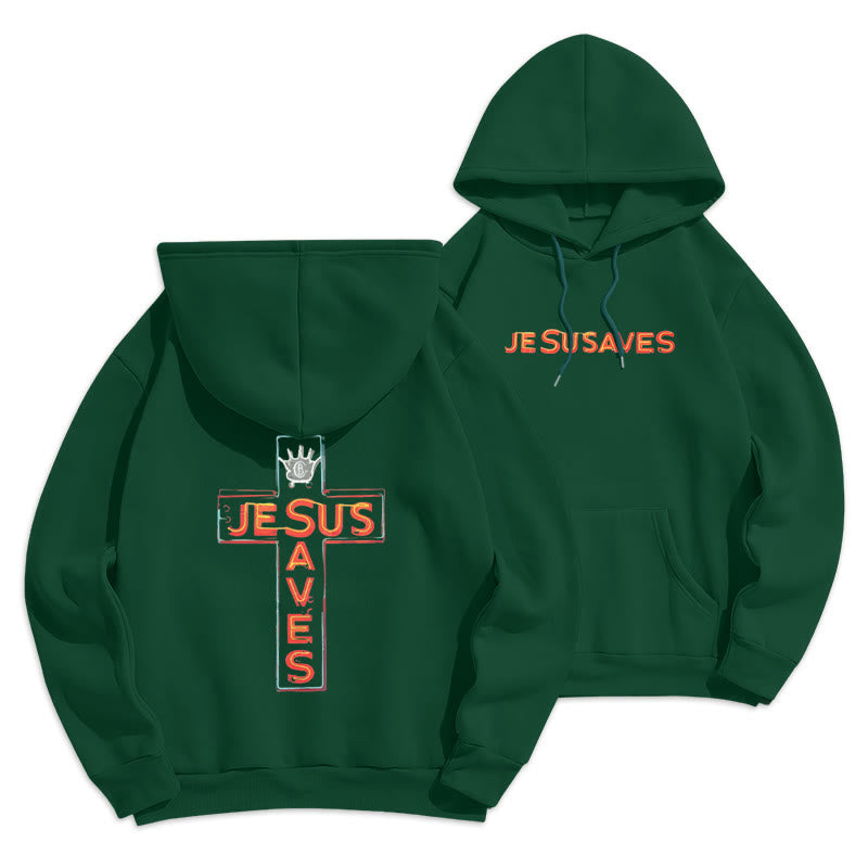Christianartworkshop Jesus Saves Cross Graphic Faith Statement Fleece Lined Polyester Hoodie - Grün - 2XL - image 3