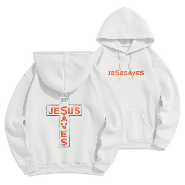 Christianartworkshop Jesus Saves Cross Graphic Faith Statement Fleece Lined Polyester Hoodie - Weiß - 2XL - image 1