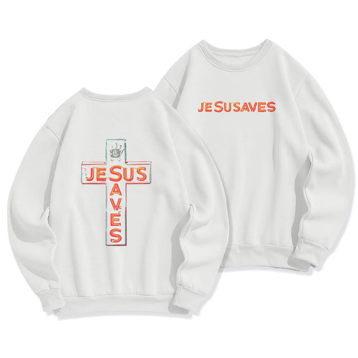 Christianartworkshop Jesus Saves Cross Graphic Faith Statement Fleece Lined Polyester Sweatshirt - Weiß - 2XL - image 1