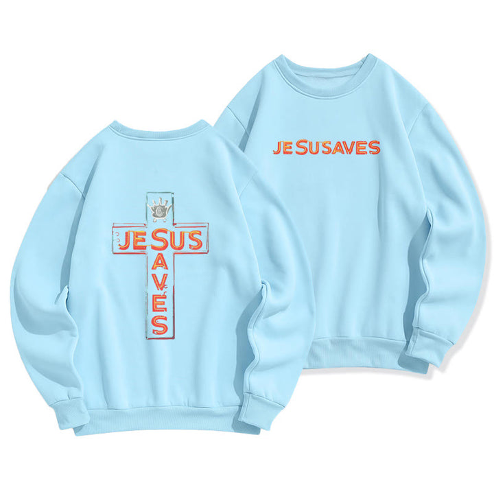 Christianartworkshop Jesus Saves Cross Graphic Faith Statement Fleece Lined Polyester Sweatshirt - Blau - 2XL - image 3