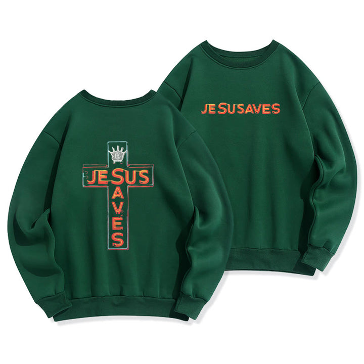 Christianartworkshop Jesus Saves Cross Graphic Faith Statement Fleece Lined Polyester Sweatshirt - Grün - 2XL - image 5
