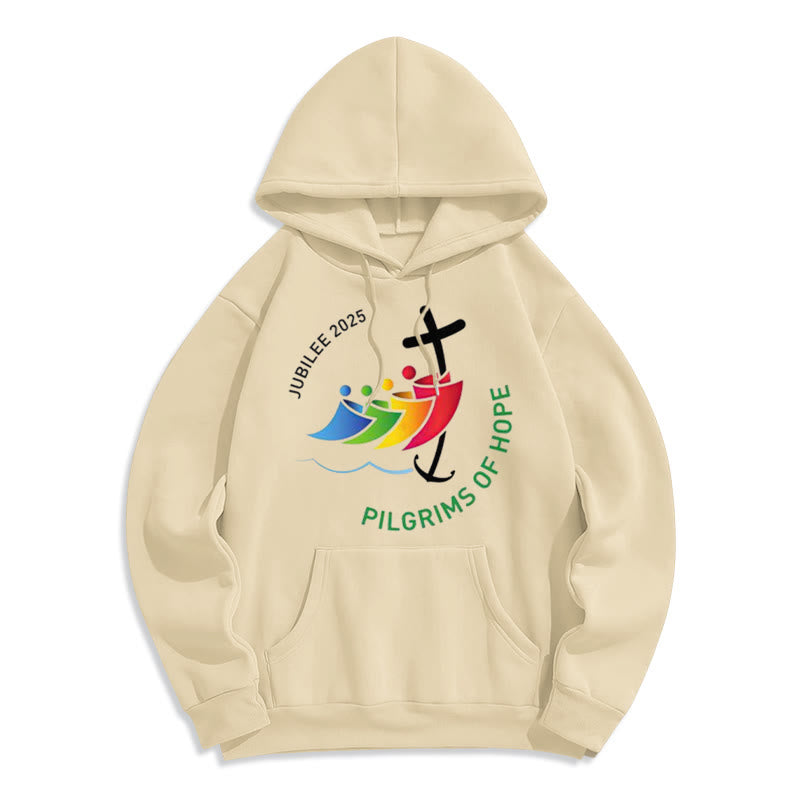 Christianartworkshop Farbiger Stil Pilgrims of Hope Jubilee Fleece-gefütterter Polyester-Kapuzenpullover - Beige - 2XL - image 3