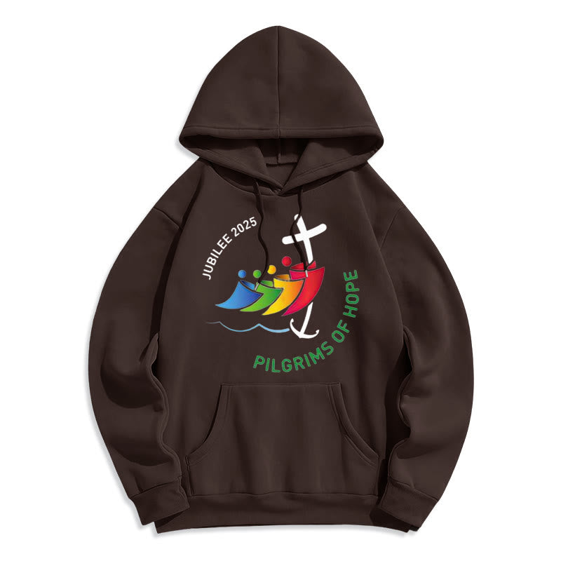 Christianartworkshop Farbiger Stil Pilgrims of Hope Jubilee Fleece-gefütterter Polyester-Kapuzenpullover - Braun - 2XL - image 8