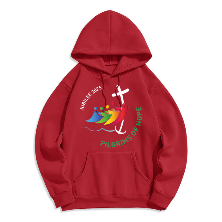 Christianartworkshop Farbiger Stil Pilgrims of Hope Jubilee Fleece-gefütterter Polyester-Kapuzenpullover - Rot - 2XL - image 6