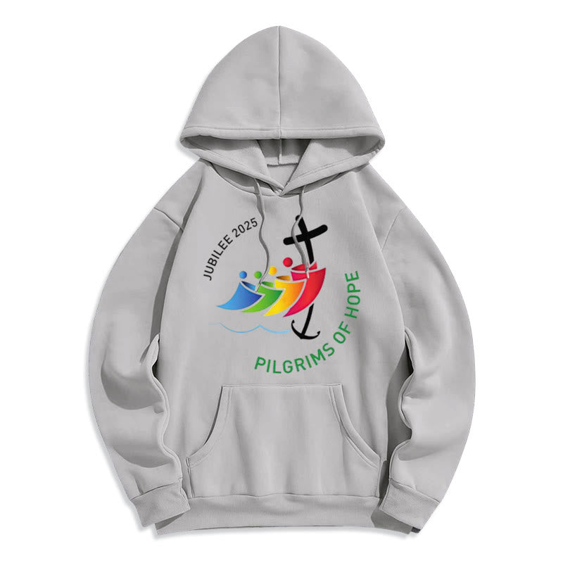 Christianartworkshop Farbiger Stil Pilgrims of Hope Jubilee Fleece-gefütterter Polyester-Kapuzenpullover - Grau - 2XL - image 5