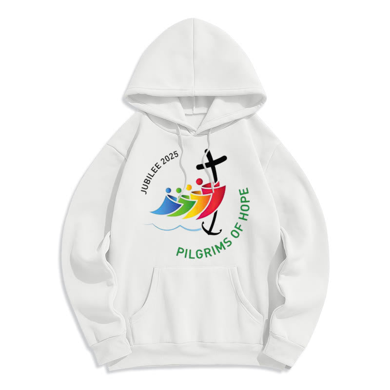 Christianartworkshop Farbiger Stil Pilgrims of Hope Jubilee Fleece-gefütterter Polyester-Kapuzenpullover - Weiß - 2XL - image 1
