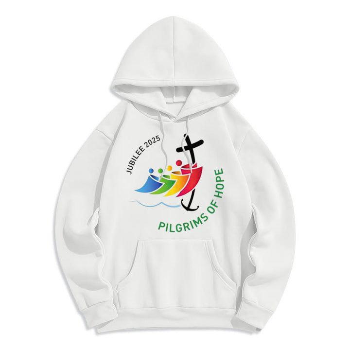 Christianartworkshop Farbiger Stil Pilgrims of Hope Jubilee Fleece-gefütterter Polyester-Kapuzenpullover - Weiß - 2XL - image 1