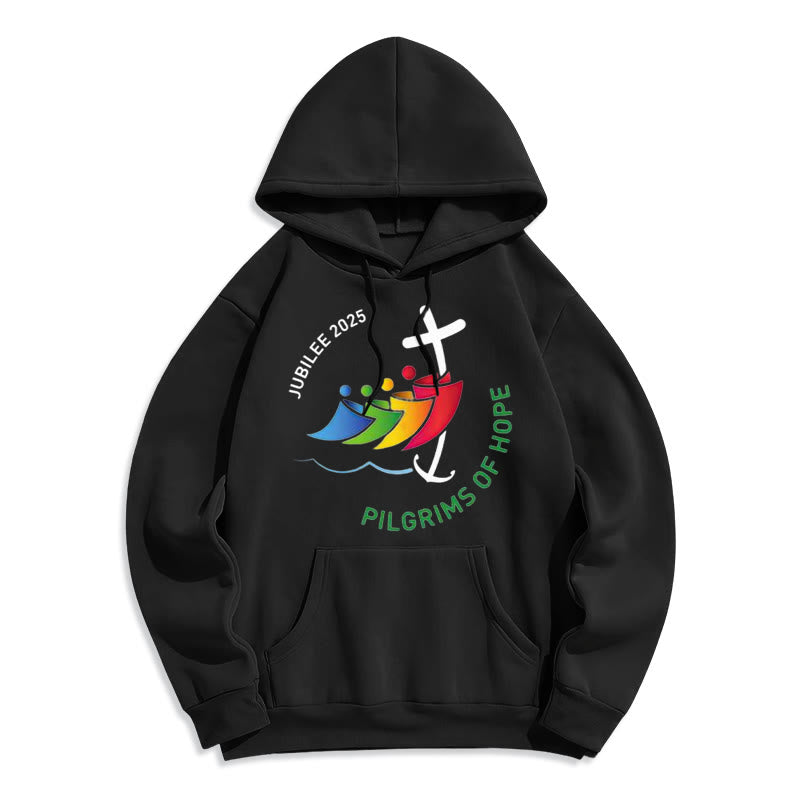 Christianartworkshop Farbiger Stil Pilgrims of Hope Jubilee Fleece-gefütterter Polyester-Kapuzenpullover - Schwarz - 2XL - image 5