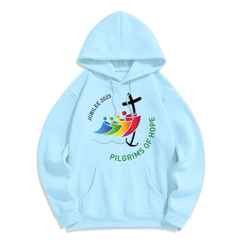 Christianartworkshop Farbiger Stil Pilgrims of Hope Jubilee Fleece-gefütterter Polyester-Kapuzenpullover - Blau - 2XL - image 3