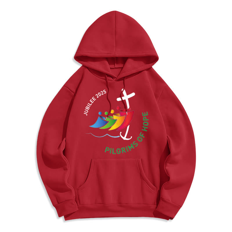 Christianartworkshop Farbiger Stil Pilgrims of Hope Jubilee Fleece-gefütterter Polyester-Kapuzenpullover - Rot - 2XL - image 7