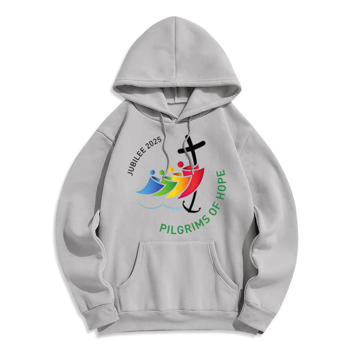 Christianartworkshop Farbiger Stil Pilgrims of Hope Jubilee Fleece-gefütterter Polyester-Kapuzenpullover - Grau - 2XL - image 4