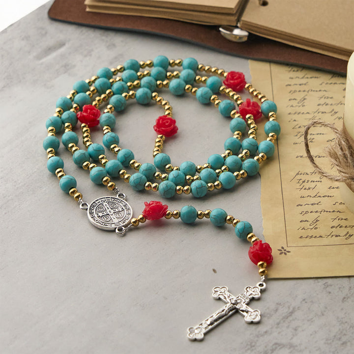 Christianartworkshop Eleganter Rosenkranz mit roten und blauen Rosen und türkisfarbenen Perlen: Gesegnet von Unserer Lieben Frau und dem Heiligen Benedikt - image 4