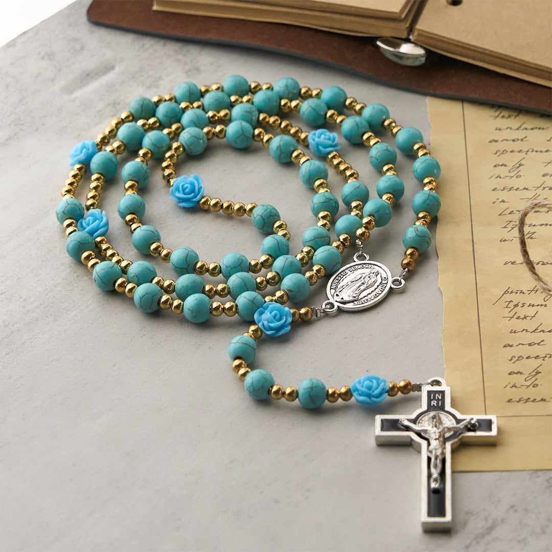 Christianartworkshop Eleganter Rosenkranz mit roten und blauen Rosen und türkisfarbenen Perlen: Gesegnet von Unserer Lieben Frau und dem Heiligen Benedikt - image 14