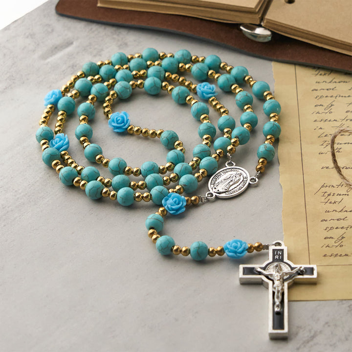 Christianartworkshop Eleganter Rosenkranz mit roten und blauen Rosen und türkisfarbenen Perlen: Gesegnet von Unserer Lieben Frau und dem Heiligen Benedikt - image 15