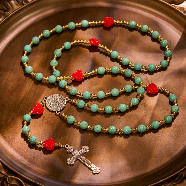 Christianartworkshop Eleganter Rosenkranz mit roten und blauen Rosen und türkisfarbenen Perlen: Gesegnet von Unserer Lieben Frau und dem Heiligen Benedikt - image 6
