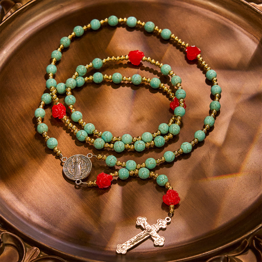 Christianartworkshop Eleganter Rosenkranz mit roten und blauen Rosen und türkisfarbenen Perlen: Gesegnet von Unserer Lieben Frau und dem Heiligen Benedikt - image 6
