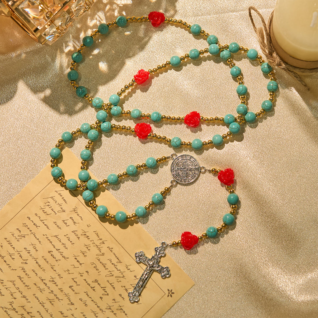 Christianartworkshop Eleganter Rosenkranz mit roten und blauen Rosen und türkisfarbenen Perlen: Gesegnet von Unserer Lieben Frau und dem Heiligen Benedikt - image 2
