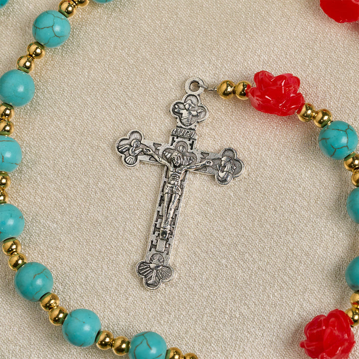 Christianartworkshop Eleganter Rosenkranz mit roten und blauen Rosen und türkisfarbenen Perlen: Gesegnet von Unserer Lieben Frau und dem Heiligen Benedikt - image 8