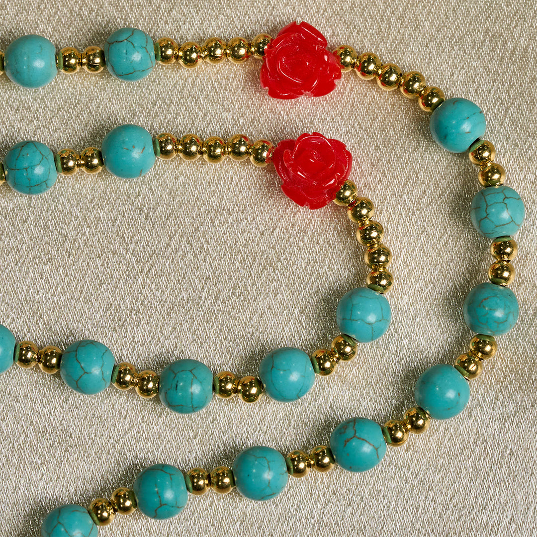 Christianartworkshop Eleganter Rosenkranz mit roten und blauen Rosen und türkisfarbenen Perlen: Gesegnet von Unserer Lieben Frau und dem Heiligen Benedikt - image 9