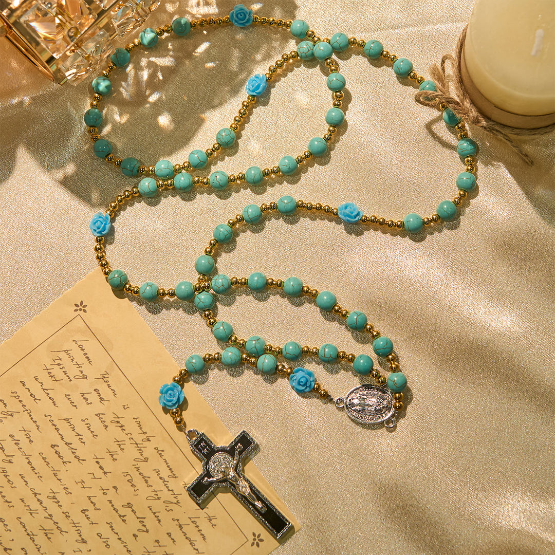 Christianartworkshop Eleganter Rosenkranz mit roten und blauen Rosen und türkisfarbenen Perlen: Gesegnet von Unserer Lieben Frau und dem Heiligen Benedikt - image 13